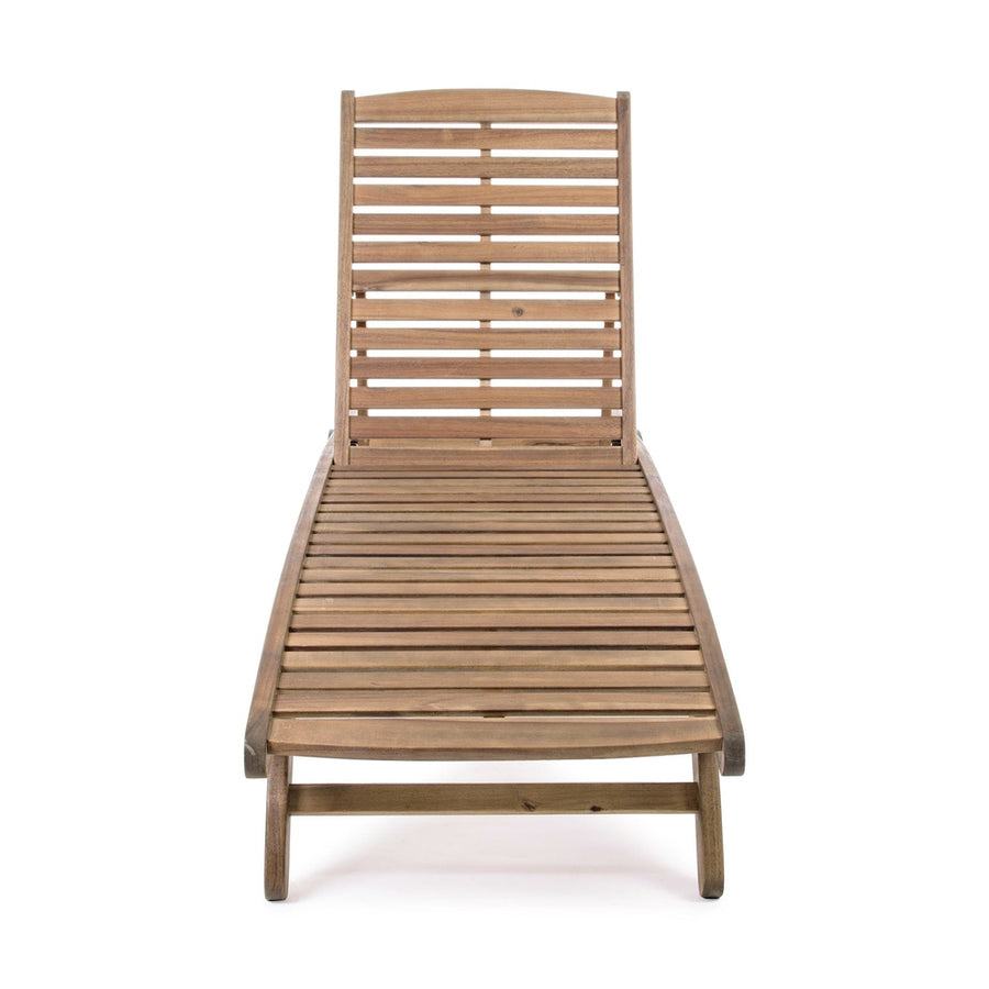 Akácfából készült, 195 cm hosszú, kerekes kialakítású, dönthető háttámlájú, kerti napozóágy.