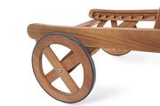 Akácfából készült, 195 cm hosszú, kerekes kialakítású, dönthető háttámlájú, kerti napozóágy.