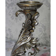 Patinás felületű, 36 cm magas, antik ezüst színű, barokkos jellegű, akantuszleveles gyertyatartó