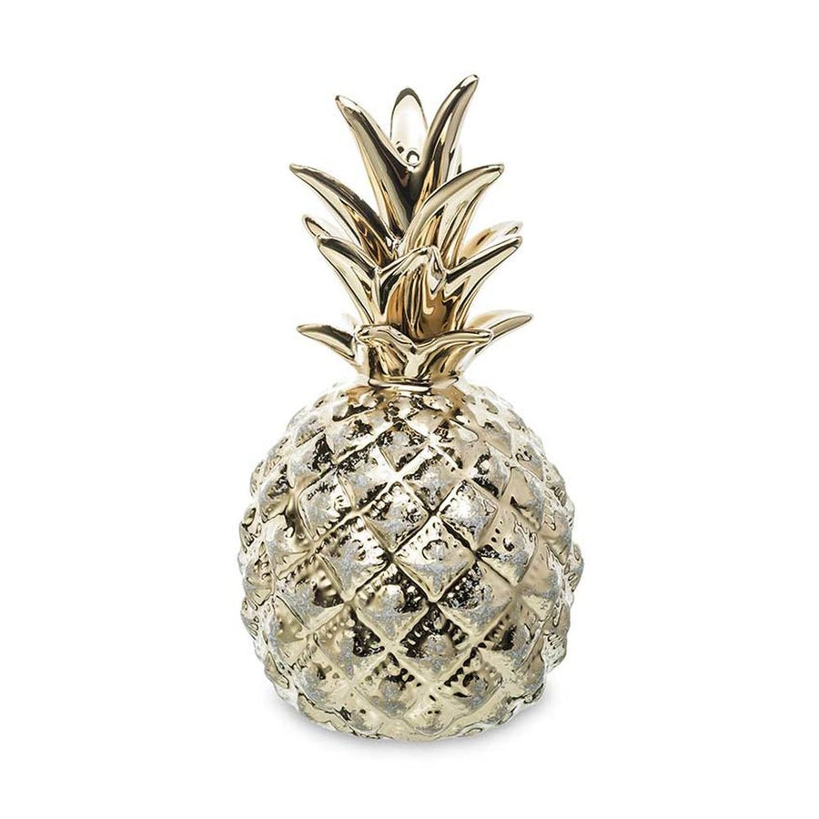 Kerámiából készült, 16 cm magas, trópusi, glamour stílusú, pezsgőarany színű ananász dísz.