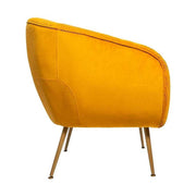 Art Deco stílusú, napsárga színű bársonnyal kárpitozott fotel, arany színű fém lábakkal