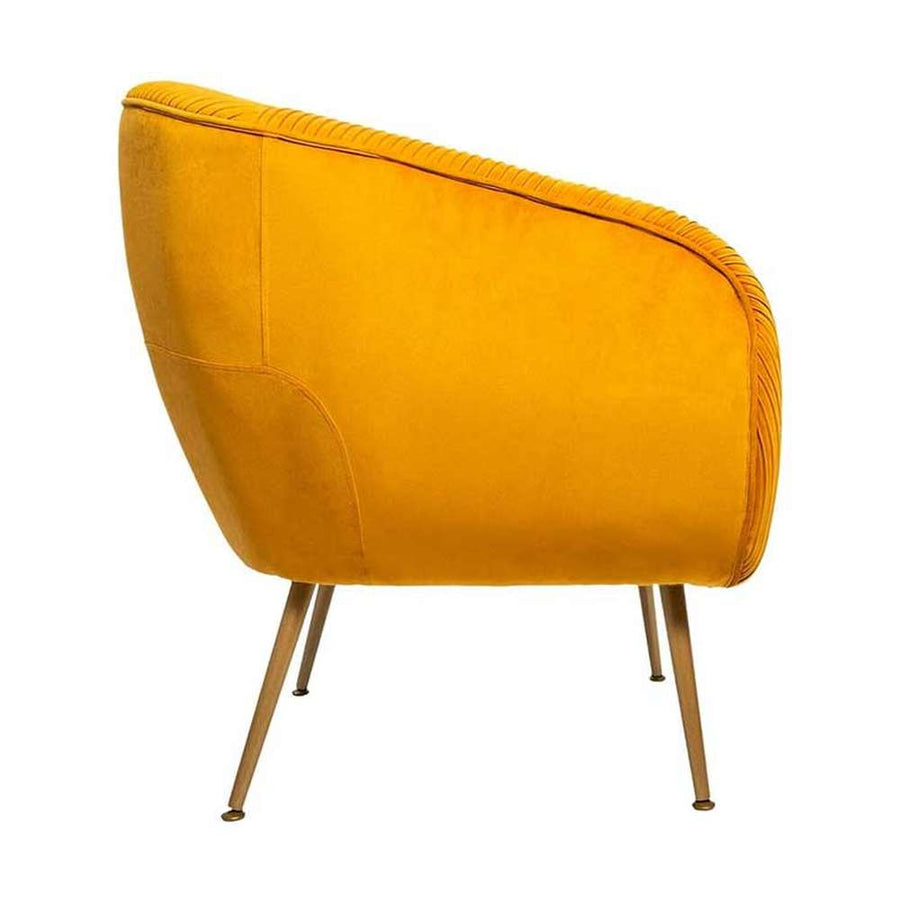 Art Deco stílusú, napsárga színű bársonnyal kárpitozott fotel, arany színű fém lábakkal