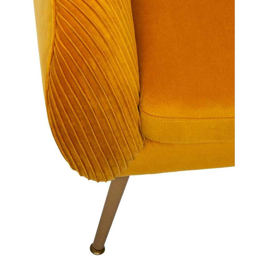 Art Deco stílusú, napsárga színű bársonnyal kárpitozott fotel, arany színű fém lábakkal