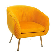 Art Deco stílusú, napsárga színű bársonnyal kárpitozott fotel, arany színű fém lábakkal