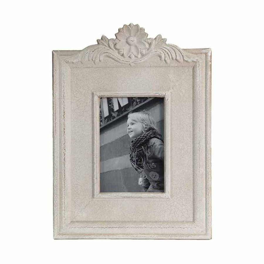 Vintage stílusú, virág díszes, krém színű fa asztali fényképtartó