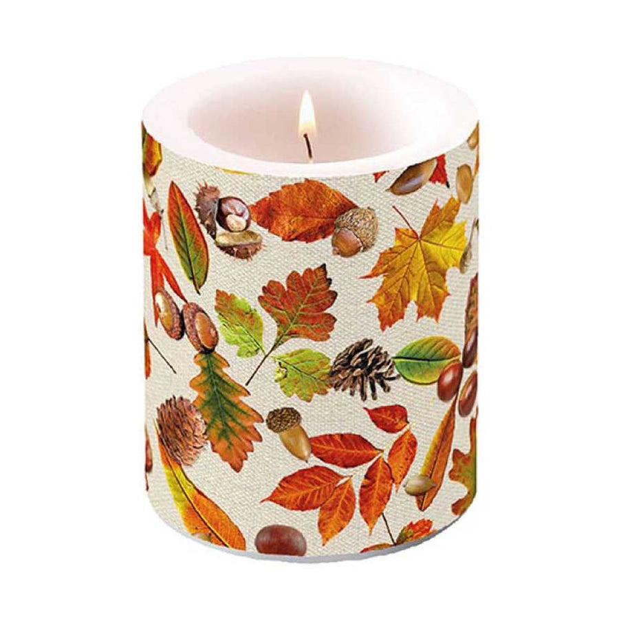 Vintage stílusú, őszi hangulatú falevelekkel és termésekkel díszített, extra minőségű, átvilágítós tömbgyertya
