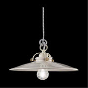 Vidéki stílusú, mázas fémből és mázas kerámiából készült, textilburkolatú vezetékkel kialakított, kézműves függeszték lámpa .