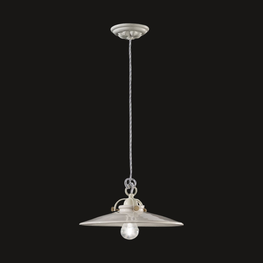 Vidéki stílusú, mázas fémből és mázas kerámiából készült, textilburkolatú vezetékkel kialakított, kézműves függeszték lámpa .