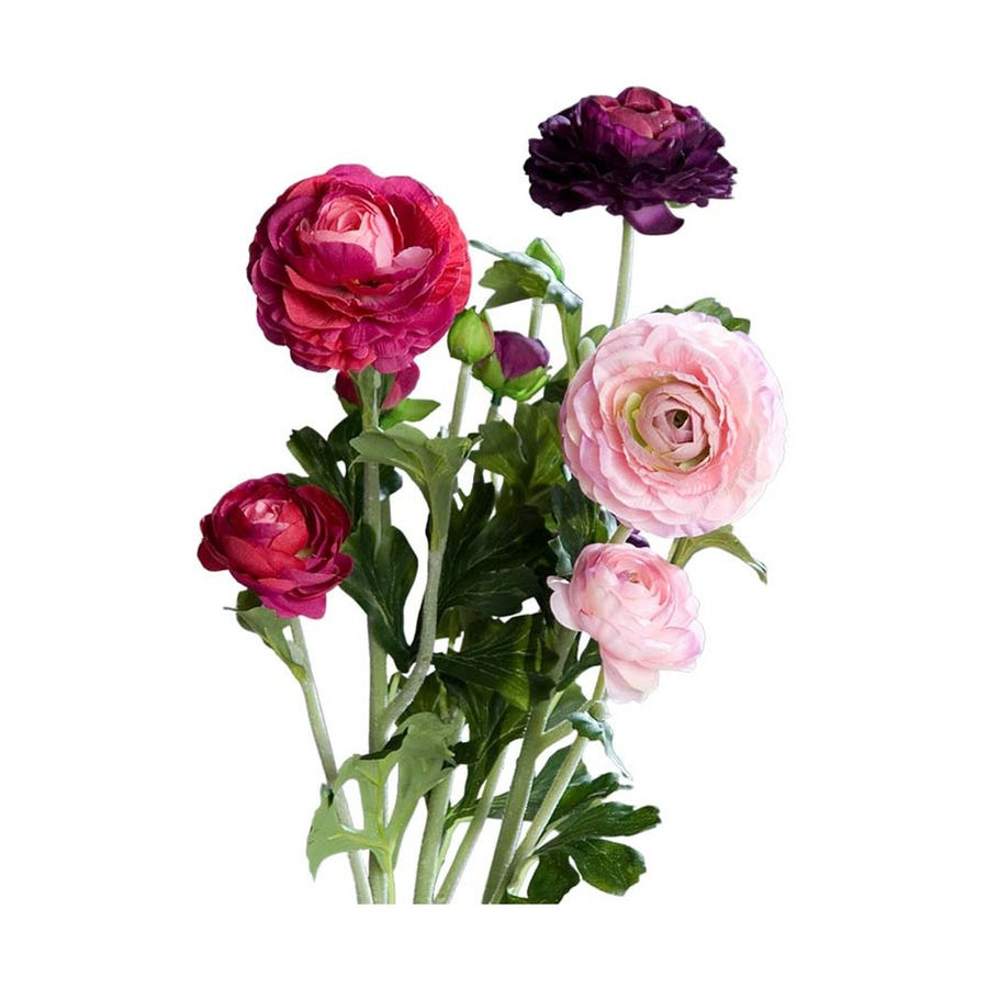 Fukszia, pink és lila színű, 3 különálló szálból álló mű boglárka mix, nyílt és bimbos virágfejekkel.