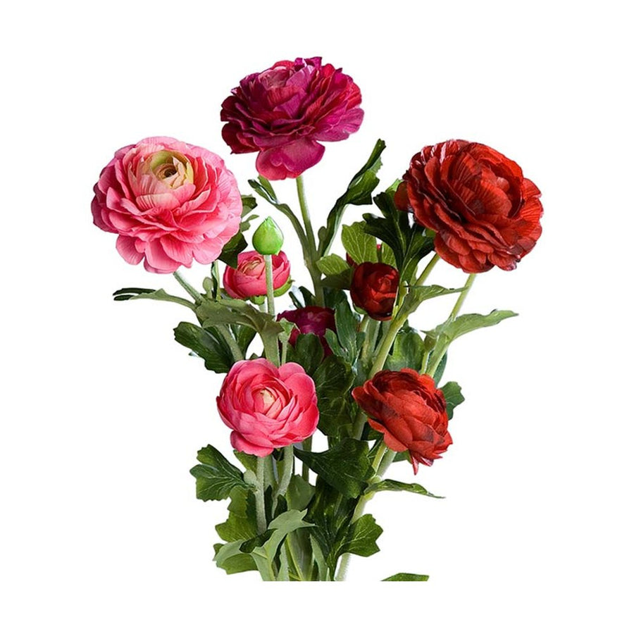 Fukszia, pink és piros színű, 3 különálló szálból álló mű boglárka mix, nyílt és bimbos virágfejekkel.