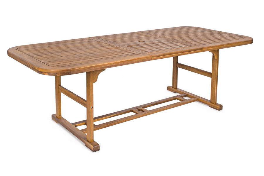 Akácfából készült, 180 cm-ről 240 cm hosszúságra bővíthető kültéri étkezőasztal .