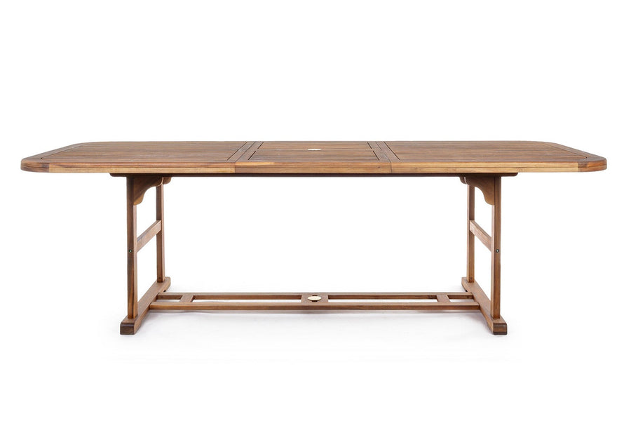 Akácfából készült, 180 cm-ről 240 cm hosszúságra bővíthető kültéri étkezőasztal .