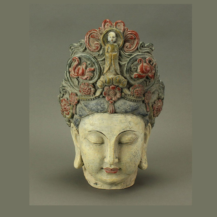 Oriental stílusú, kézzel festett, antik felületű Buddha fej szobor