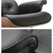Eames Lounge Chair inspirálta pihenő fotel dió furnér fafelülettel, bőr kárpittal.