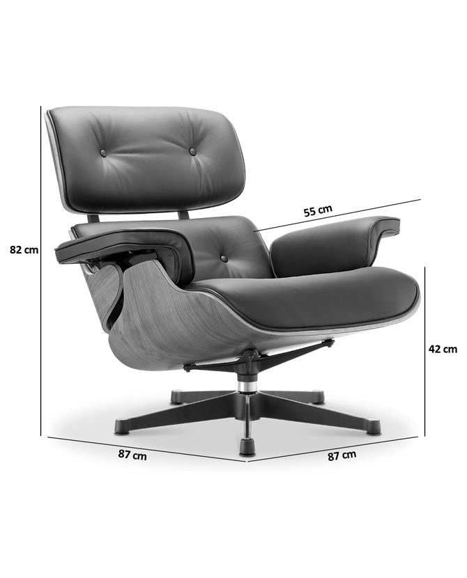 Eames Lounge Chair inspirálta pihenő fotel dió furnér fafelülettel, bőr kárpittal.