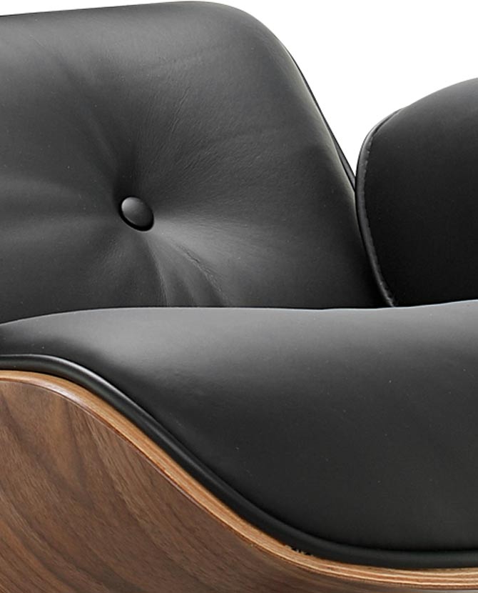 Eames Lounge Chair inspirálta pihenő fotel dió furnér fafelülettel, bőr kárpittal.