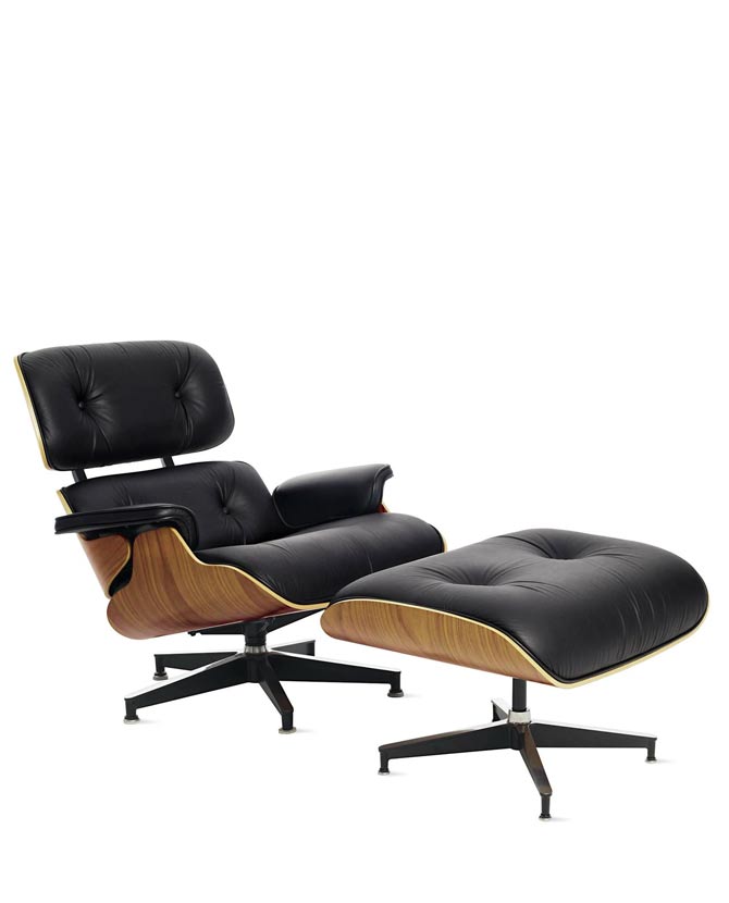 Eames Lounge Chair inspirálta pihenő fotel dió furnér fafelülettel, bőr kárpittal.