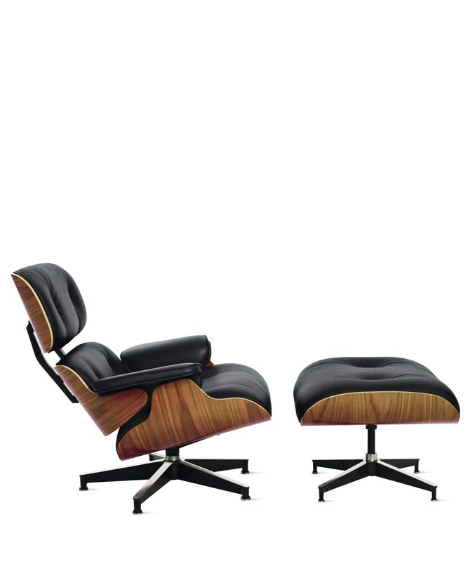 Eames Lounge Chair inspirálta pihenő fotel dió furnér fafelülettel, bőr kárpittal.