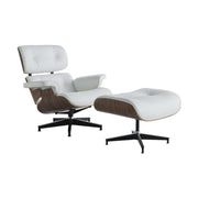 Eames Lounge Chair inspirálta pihenő fotel és ottomán dió furnér fafelülettel, fehér bőr kárpittal.