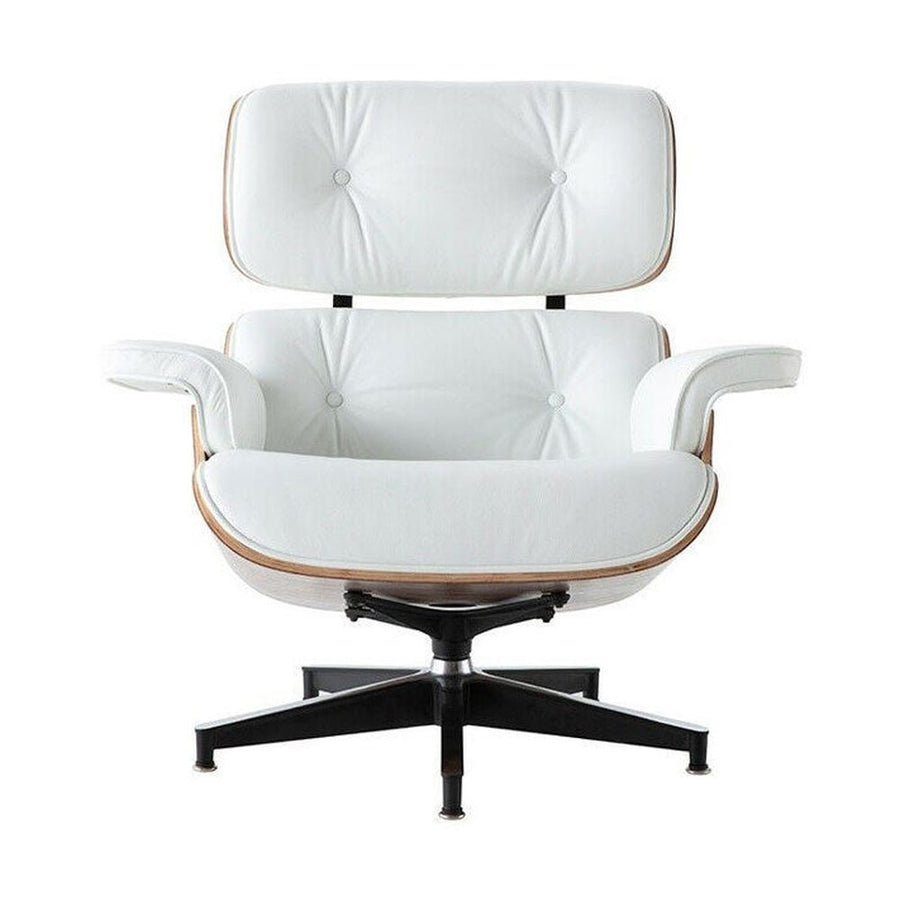Eames Lounge Chair inspirálta pihenő fotel dió furnér fafelülettel, fehér bőr kárpittal.