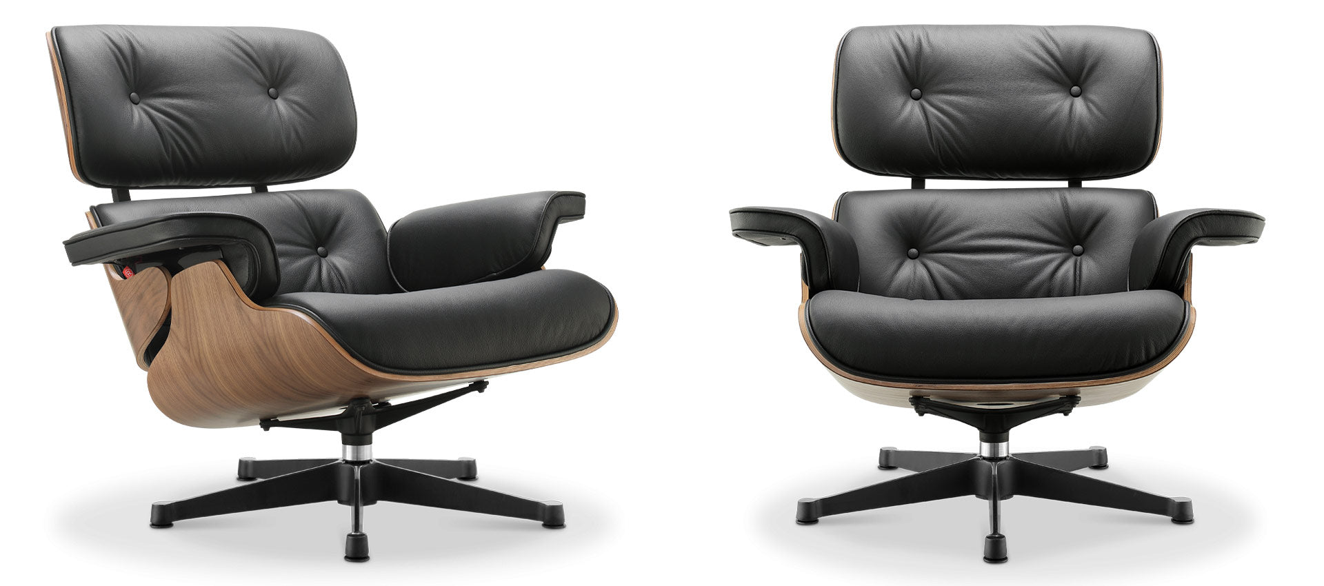 Eames Lounge Chair inspirálta pihenő fotel dió furnér fafelülettel, bőr kárpittal.