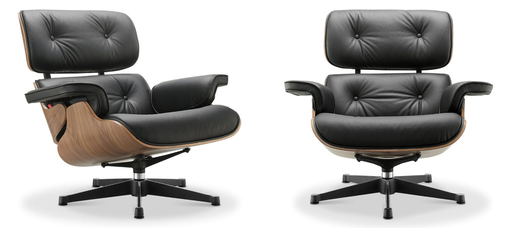 Eames Lounge Chair inspirálta pihenő fotel dió furnér fafelülettel, bőr kárpittal.