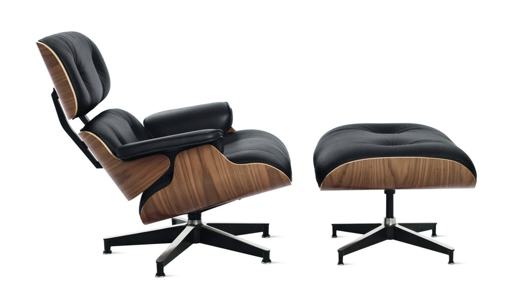 Eames Lounge Chair inspirálta pihenő fotel dió furnér fafelülettel, bőr kárpittal.