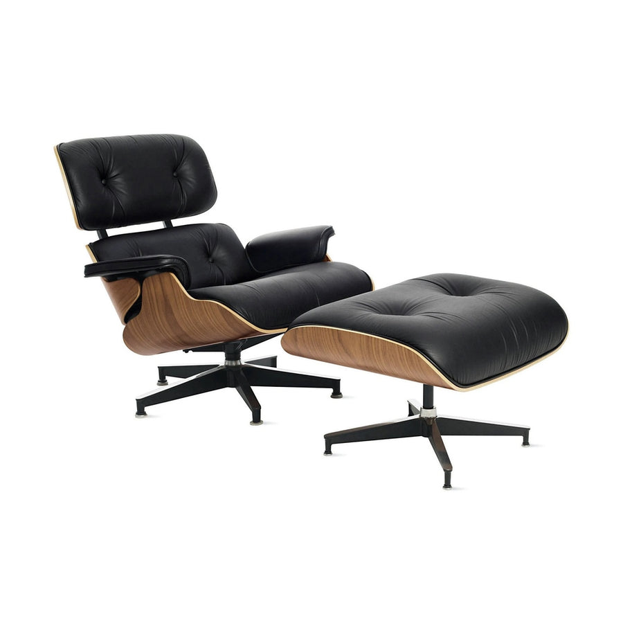 Eames Lounge Chair inspirálta pihenő fotel dió furnér fafelülettel, bőr kárpittal.