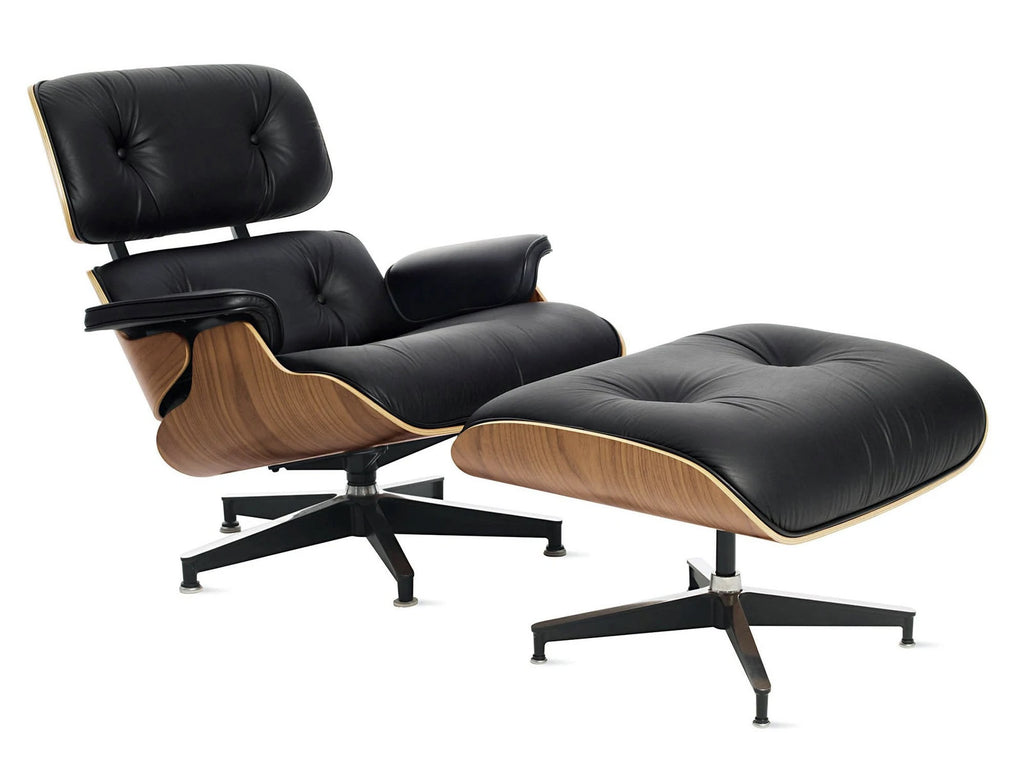 Eames Lounge Chair inspirálta pihenő fotel dió furnér fafelülettel, bőr kárpittal.