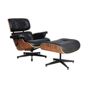 Eames Lounge Chair inspirálta pihenő fotel és ottomán rózsafa furnér fafelülettel, fekete bőr kárpittal.