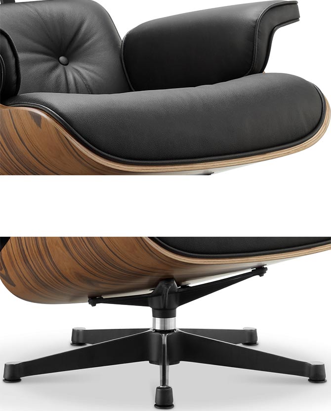Eames Lounge Chair inspirálta pihenő fotel és ottomán rózsafa furnér fafelülettel, fekete bőr kárpittal.