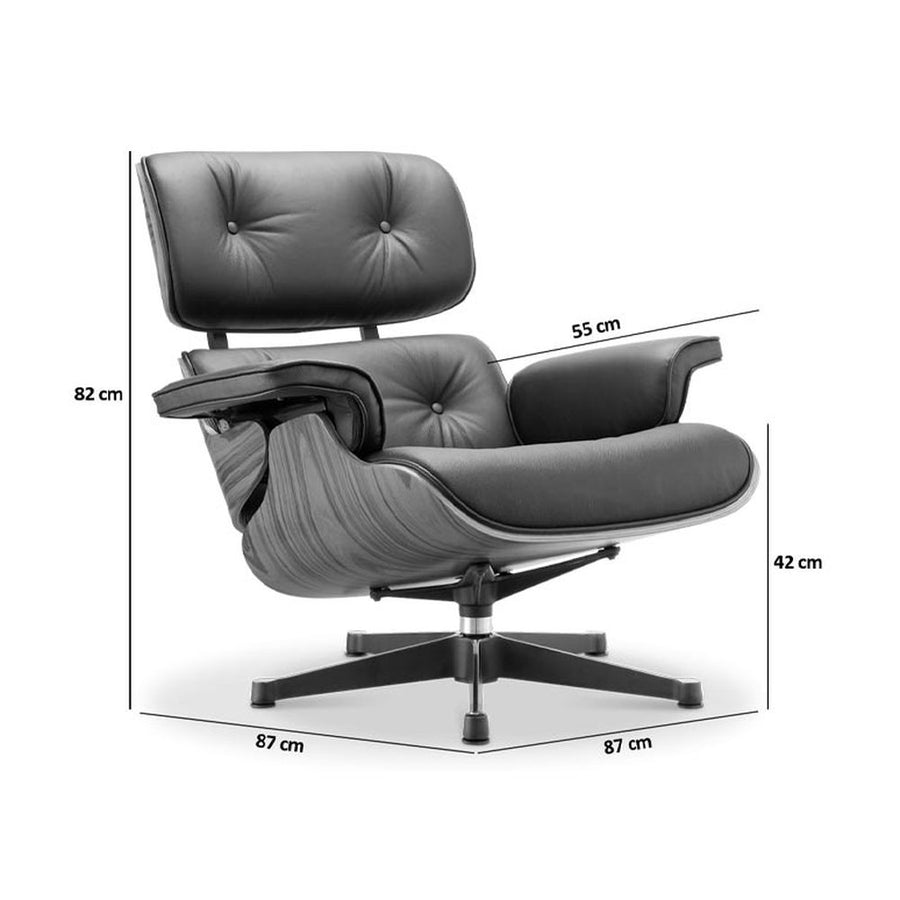 Eames Lounge Chair inspirálta pihenő fotel és ottomán rózsafa furnér fafelülettel, fekete bőr kárpittal.