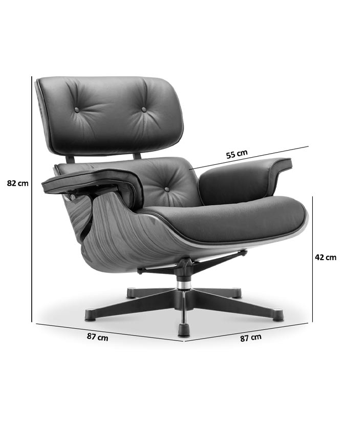 Eames Lounge Chair inspirálta pihenő fotel és ottomán rózsafa furnér fafelülettel, fekete bőr kárpittal.