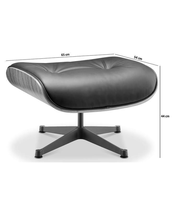 Eames Lounge Chair inspirálta pihenő fotel és ottomán rózsafa furnér fafelülettel, fekete bőr kárpittal.