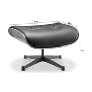 Eames Lounge Chair inspirálta pihenő fotel és ottomán rózsafa furnér fafelülettel, fekete bőr kárpittal.