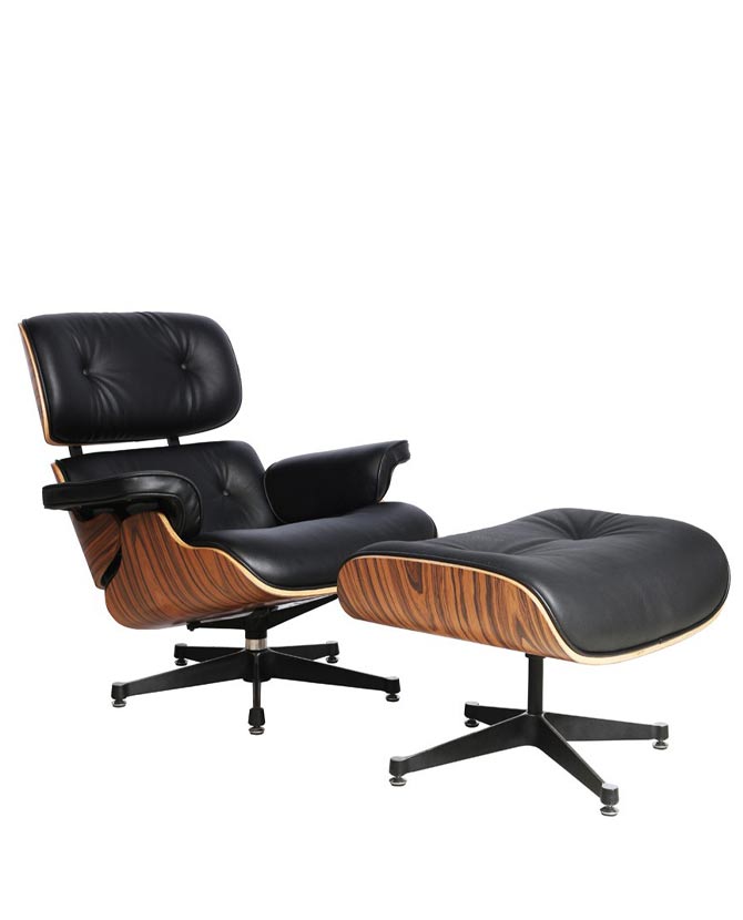 Eames Lounge Chair inspirálta pihenő fotel és ottomán rózsafa furnér fafelülettel, fekete bőr kárpittal.