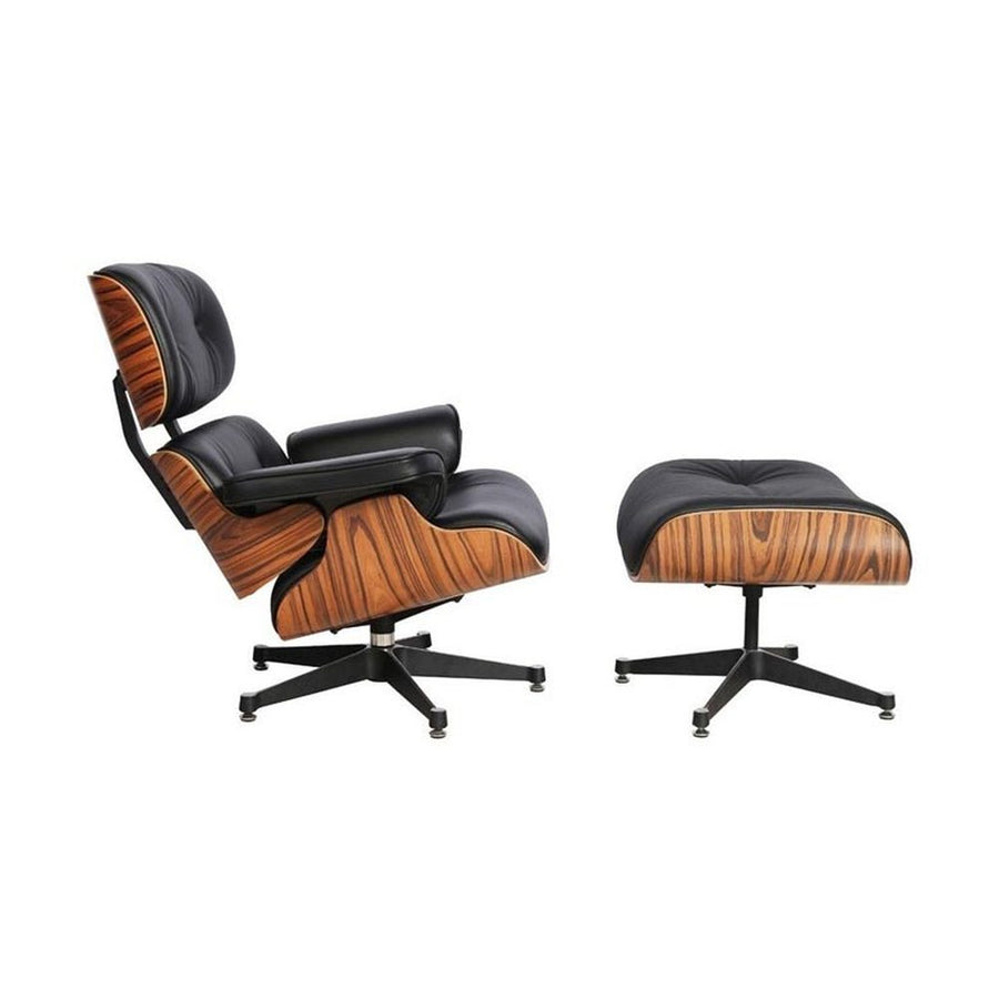 Eames Lounge Chair inspirálta pihenő fotel és ottomán rózsafa furnér fafelülettel, fekete bőr kárpittal.
