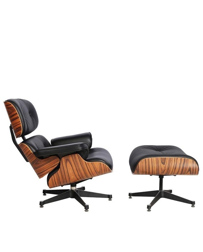Eames Lounge Chair inspirálta pihenő fotel és ottomán rózsafa furnér fafelülettel, fekete bőr kárpittal.
