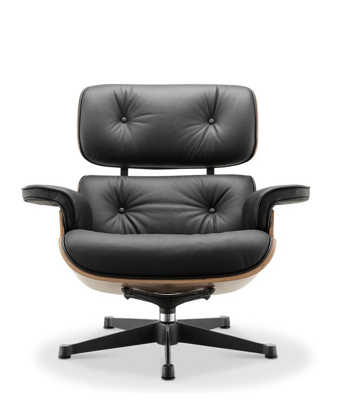 Eames Lounge Chair inspirálta pihenő fotel és ottomán rózsafa furnér fafelülettel, fekete bőr kárpittal.