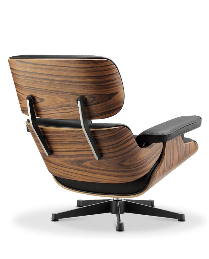 Eames Lounge Chair inspirálta pihenő fotel és ottomán rózsafa furnér fafelülettel, fekete bőr kárpittal.