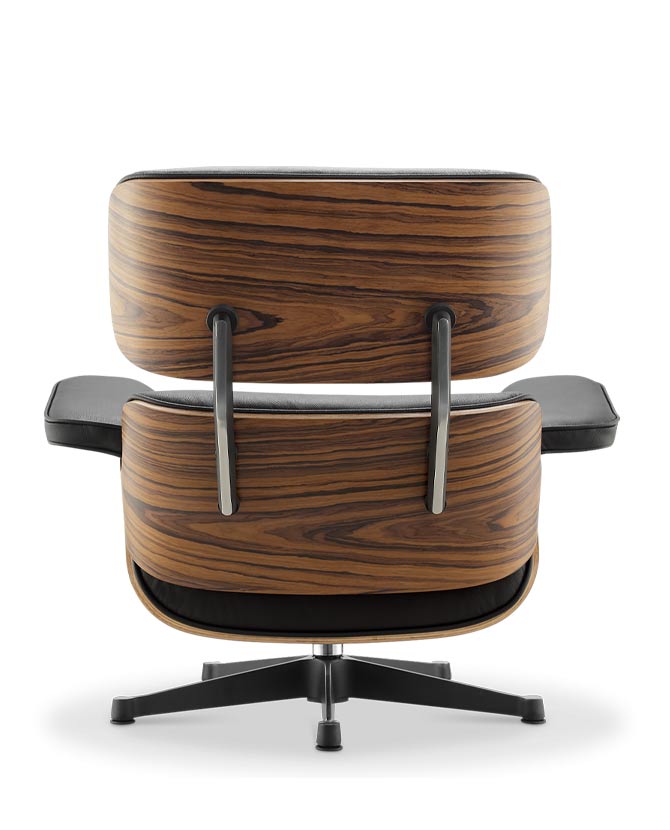 Eames Lounge Chair inspirálta pihenő fotel és ottomán rózsafa furnér fafelülettel, fekete bőr kárpittal.
