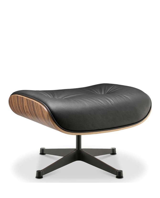Eames Lounge Chair inspirálta pihenő fotel és ottomán rózsafa furnér fafelülettel, fekete bőr kárpittal.