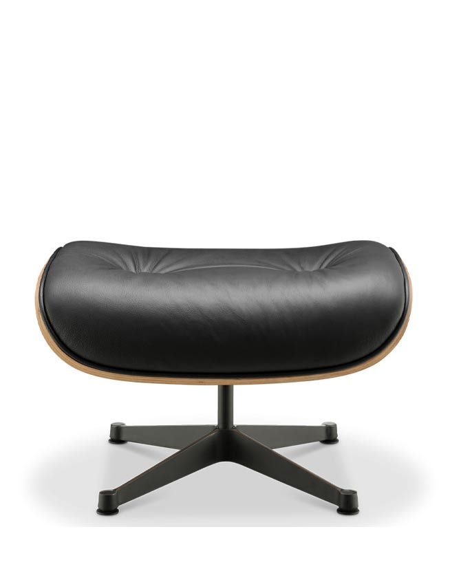 Eames Lounge Chair inspirálta pihenő fotel és ottomán rózsafa furnér fafelülettel, fekete bőr kárpittal.