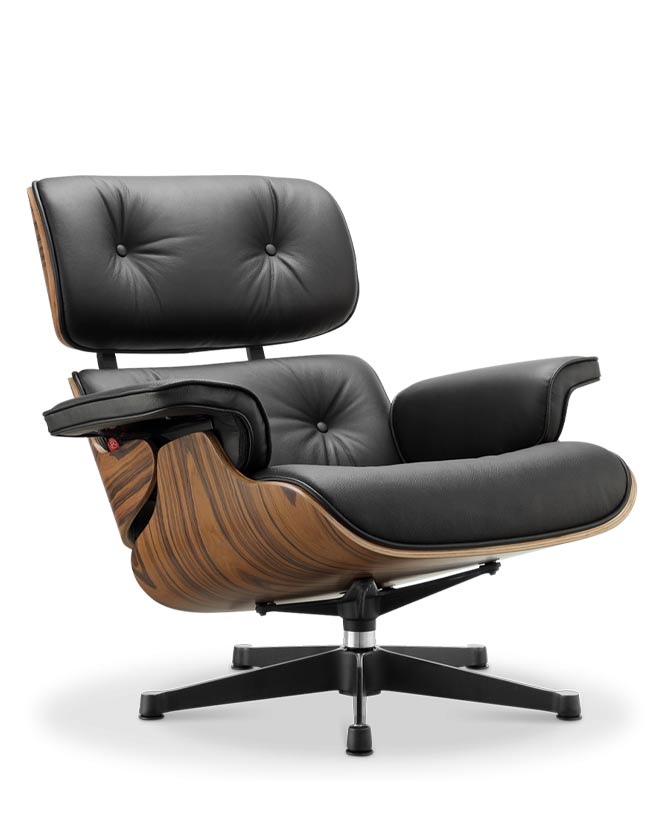 Eames Lounge Chair inspirálta pihenő fotel és ottomán rózsafa furnér fafelülettel, fekete bőr kárpittal.