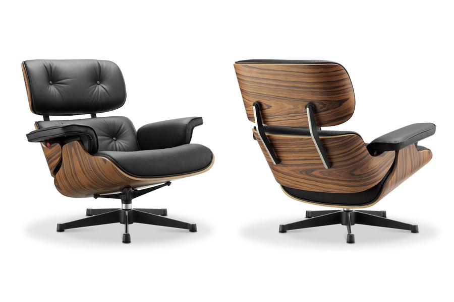 Eames Lounge Chair inspirálta pihenő fotel és ottomán rózsafa furnér fafelülettel, fekete bőr kárpittal.