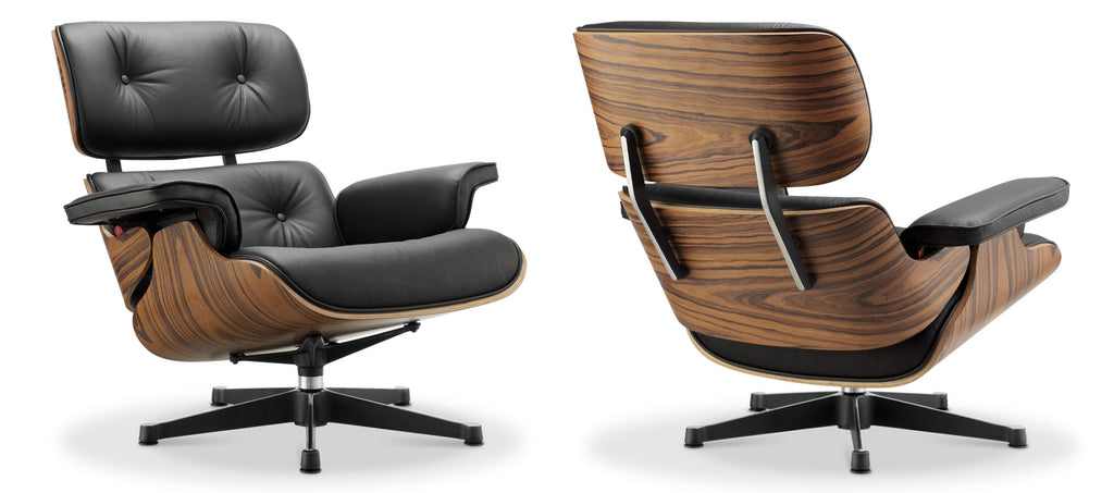 Eames Lounge Chair inspirálta pihenő fotel és ottomán rózsafa furnér fafelülettel, fekete bőr kárpittal.