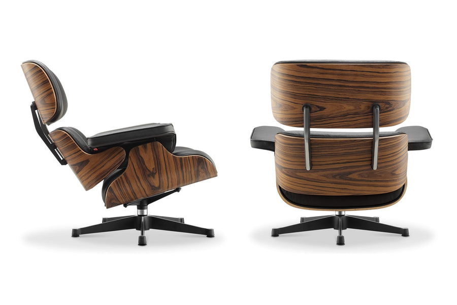 Eames Lounge Chair inspirálta pihenő fotel és ottomán rózsafa furnér fafelülettel, fekete bőr kárpittal.
