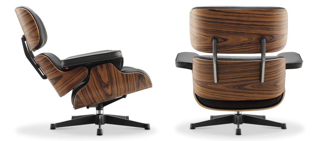 Eames Lounge Chair inspirálta pihenő fotel és ottomán rózsafa furnér fafelülettel, fekete bőr kárpittal.