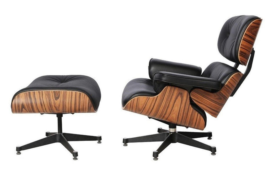 Eames Lounge Chair inspirálta pihenő fotel és ottomán rózsafa furnér fafelülettel, fekete bőr kárpittal.
