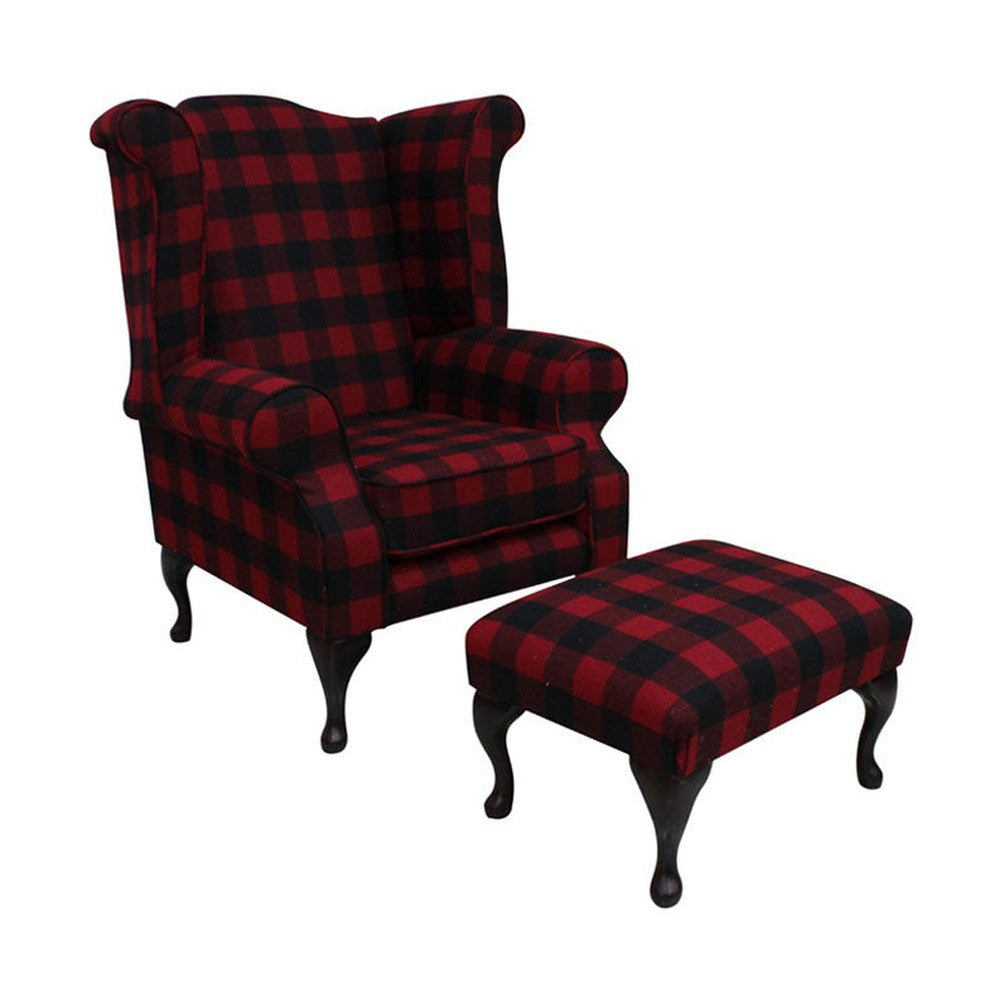 Bordó fekete kockás gyapjúszövettel kárpitozott Chesterfield fotel lábtartóval. 